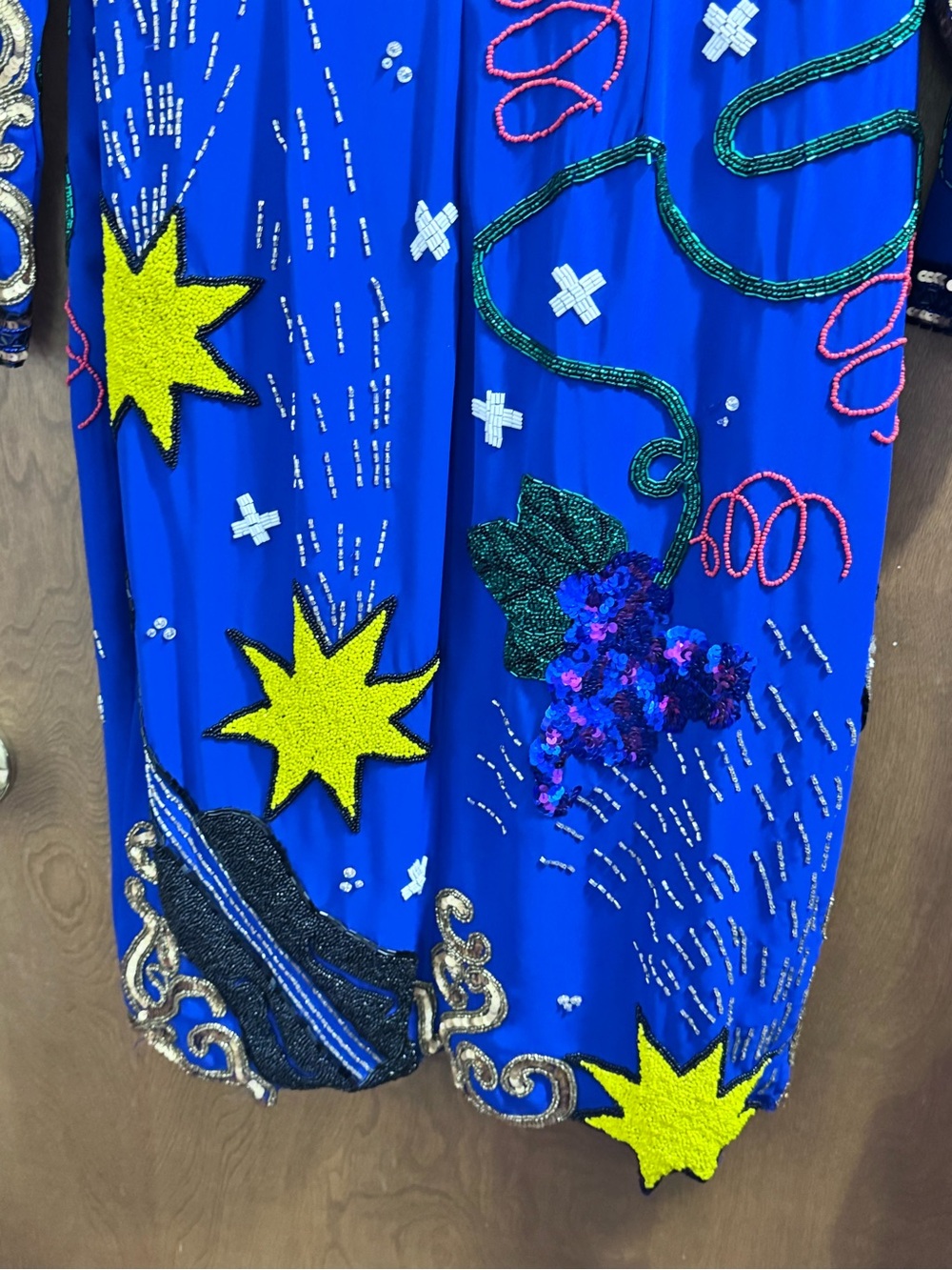 Vintage Ornate Pop Art Embellished Royal Blue Dress w/Beaded Appliqués - Picture 6 of 16